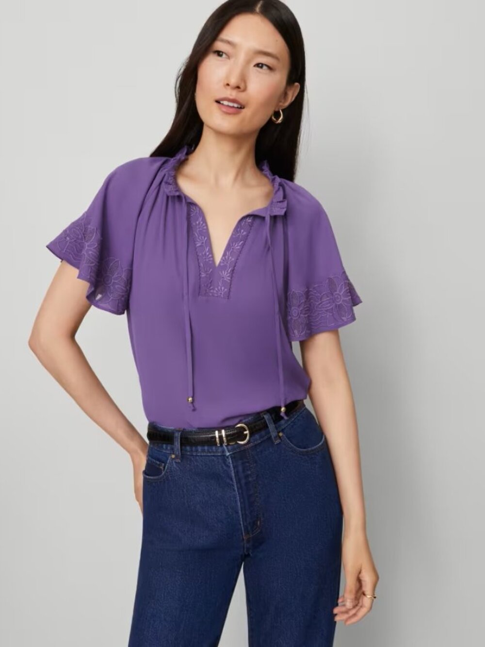 Ann Taylor Violet Purple Embroidered Tie Neck Embroidered Blouse